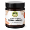 Bio Kakao Gewürz „Herzenswärmer“ von Awesome Nuts im Glas mit schwarzem Deckel, freigestellte Produktabbildung auf weißem Hintergrund